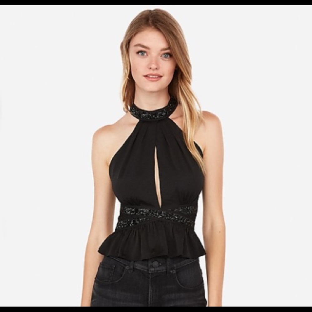 Express Embellished Cut-Out Halter Top, XXS